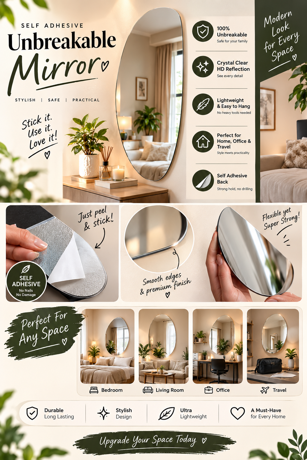 Unbreakable Mirror for Home Decor with Self Adhesive Double Tape