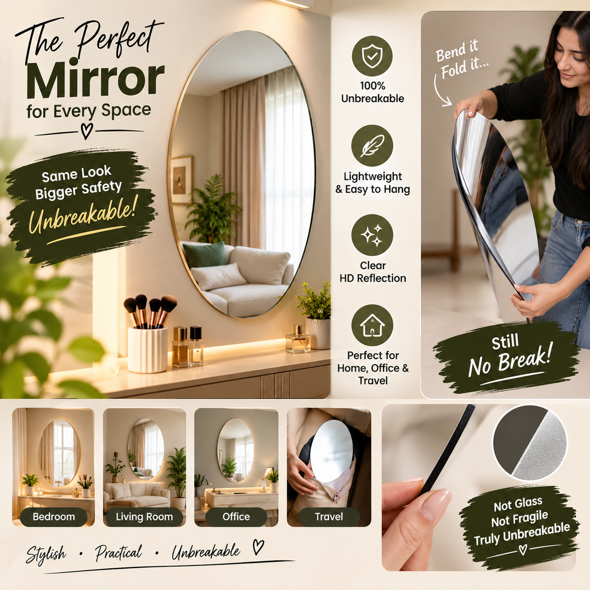 Unbreakable Mirror for Home Decor with Self Adhesive Double Tape